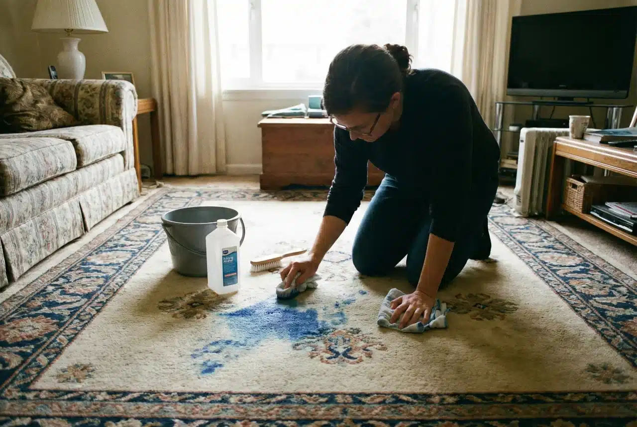 mürekkep dökülmüş bir halıyı temizleyen kadın