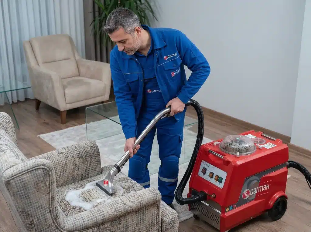 evde koltuk yıkayan adam