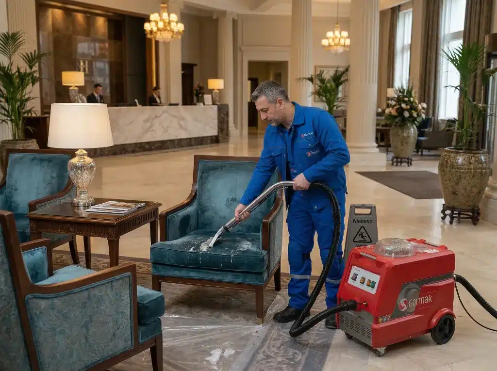 otel lobisinde koltuk yıkama işi yapan bir adam