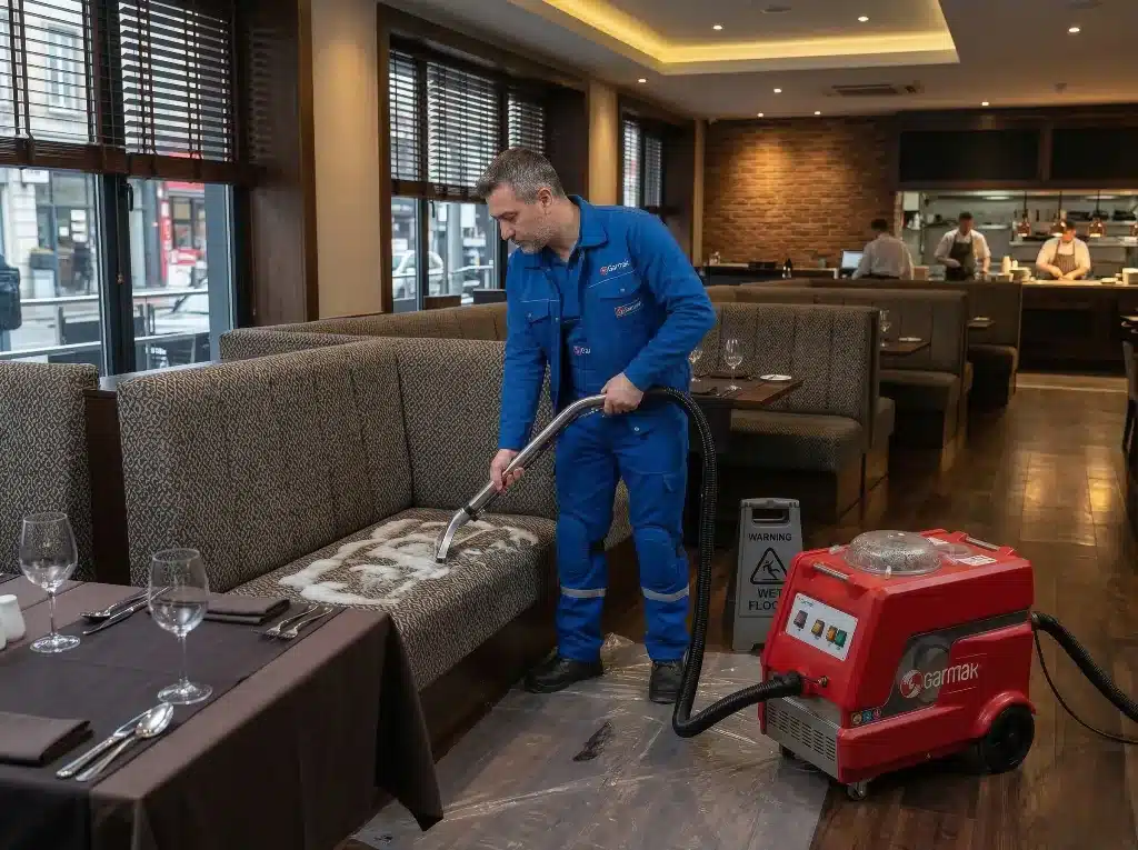 restoranda koltuk yıkama işi yapan bir adam