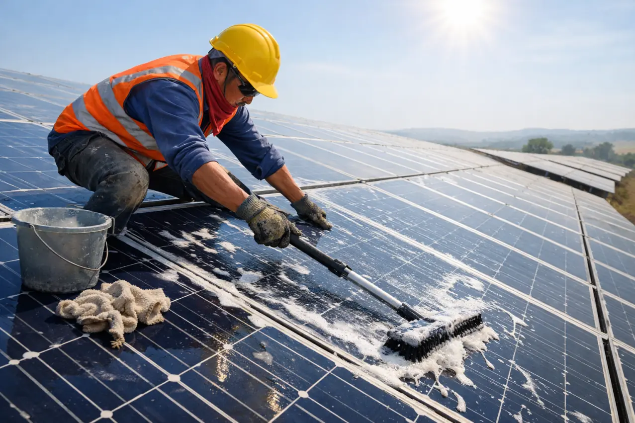 elle güneş enerji panellerini temizleyen bir adam