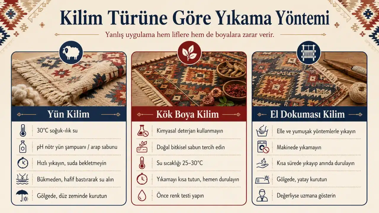 Kilimlerde Renk Kusması Neden Olur? Nedenleri ve Çözümü 4 Kilim türüne göre yıkama yöntemi